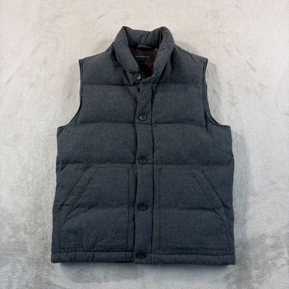 Banana Republic Downtown Vest in Grey Glen Check Men Medium Puffer Zip Up NWOT